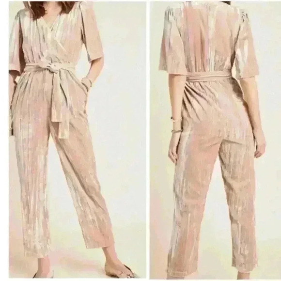 Anthropologie Dolan Mandy Crushed Cream Velvet Jumpsuit in Champagne - Picture 1 of 5